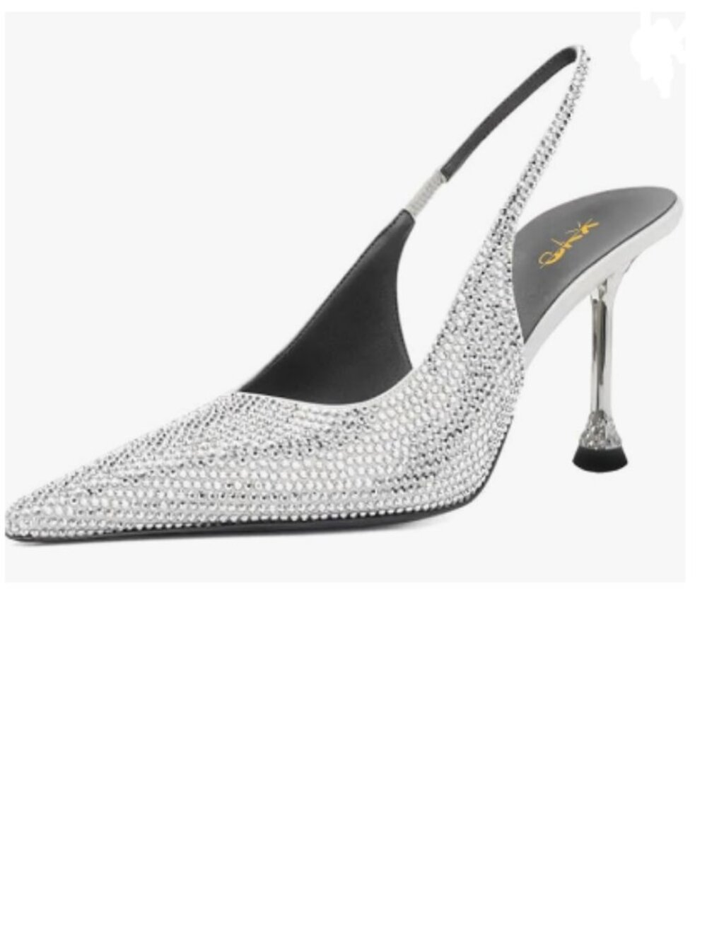 XYD Silver Pointed Toe Pump Rhinestones Crystals Thin Heels Slingback Strap Shoe